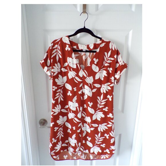 A New Day Orange & White Floral Short Sleeve Pullover Dress Size Medium - Picture 1 of 8